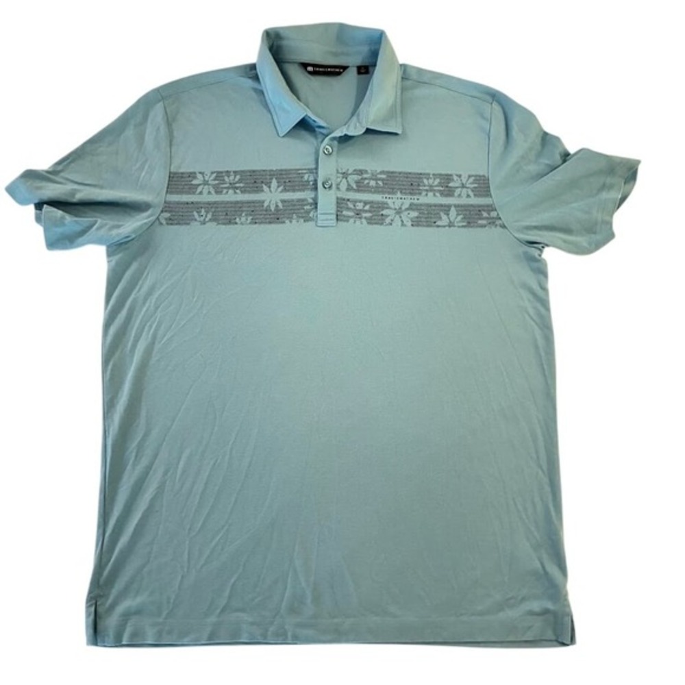 TravisMathew Mens XL Light‎ Blue Floral Chest Stripe Lakewood National Golf Polo